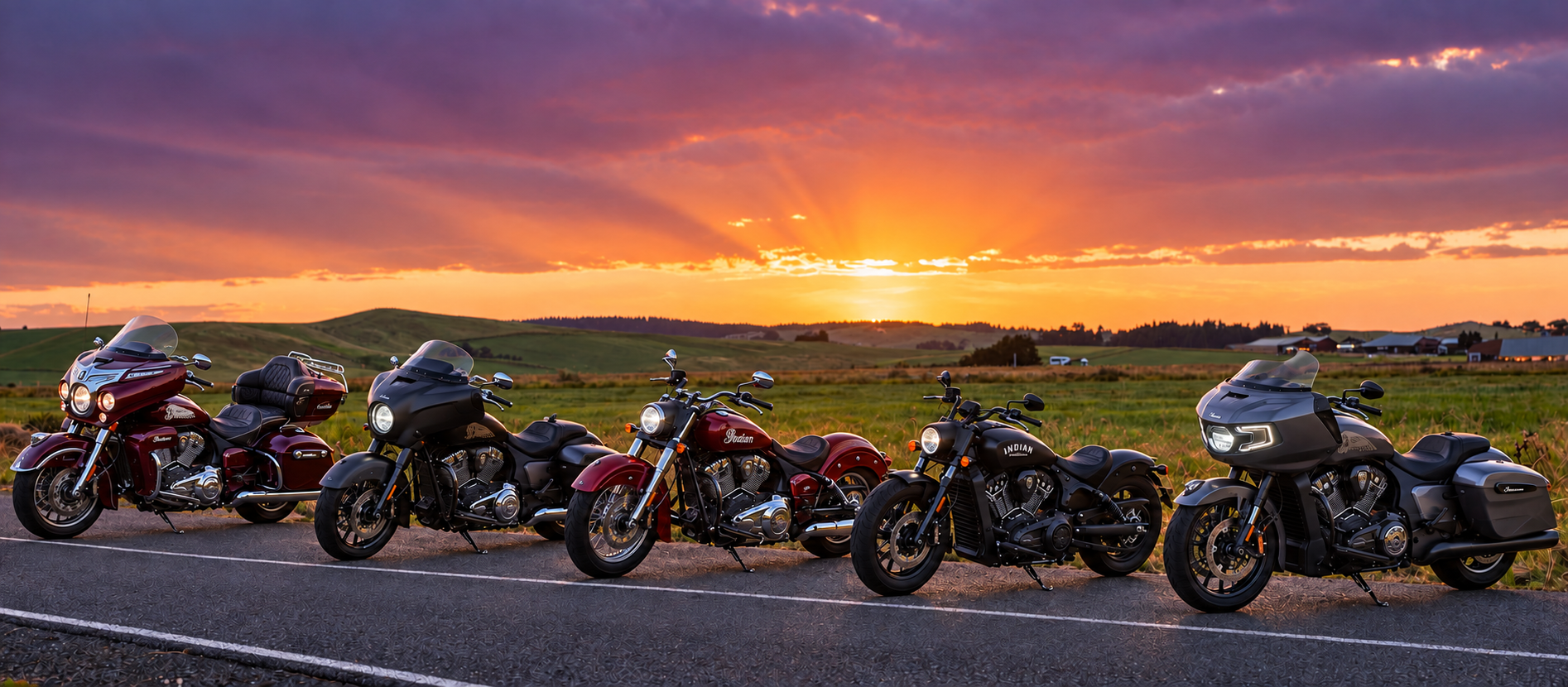 Indian motorcycles lined up in a field at sunset